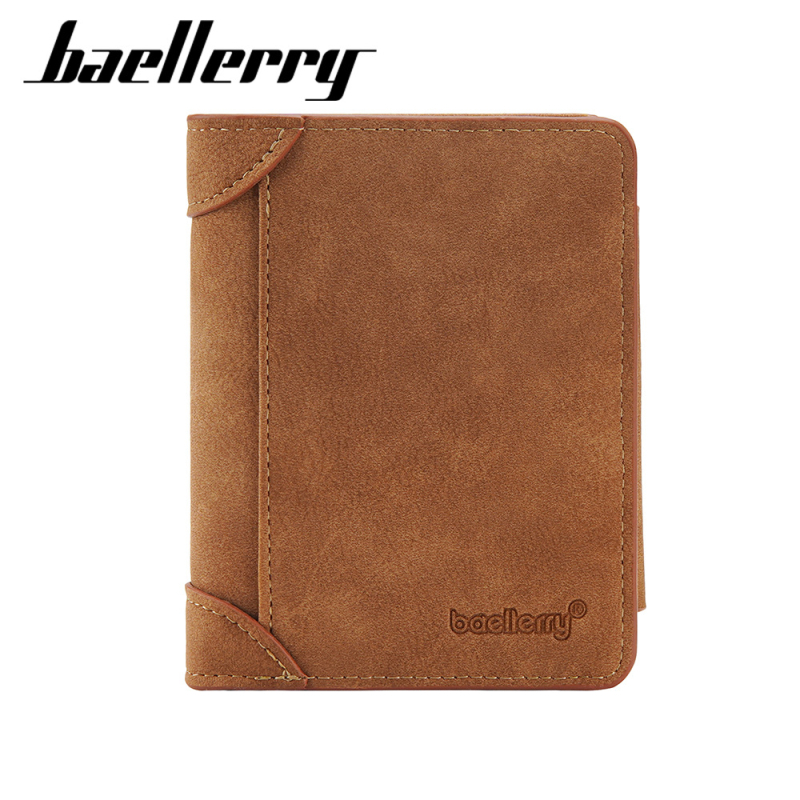 Baellerry vyriška trumpa PU piniginė, tri-fold kortelių kišenės, užsegamas skyrelis monetoms, apsauga nuo vagių