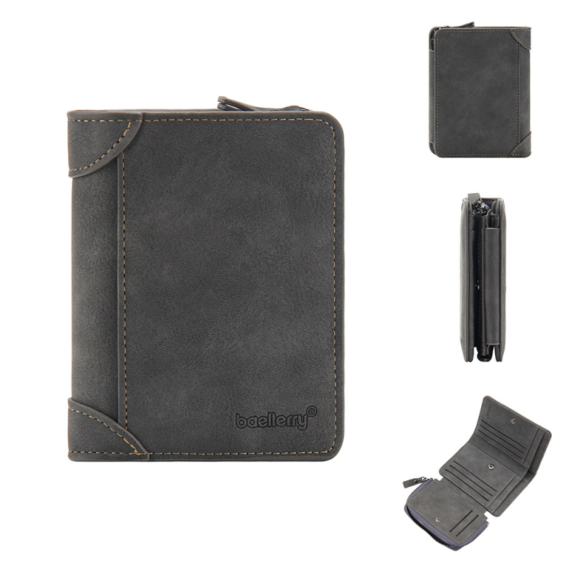 Baellerry vyriška trumpa PU piniginė, tri-fold kortelių kišenės, užsegamas skyrelis monetoms, apsauga nuo vagių