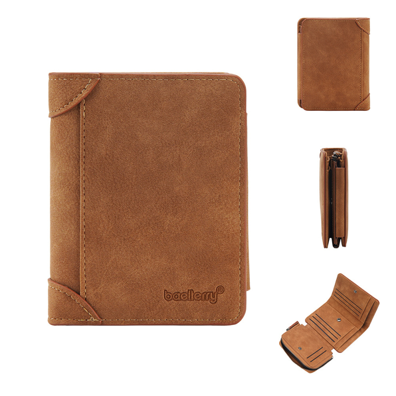 Baellerry vyriška trumpa PU piniginė, tri-fold kortelių kišenės, užsegamas skyrelis monetoms, apsauga nuo vagių