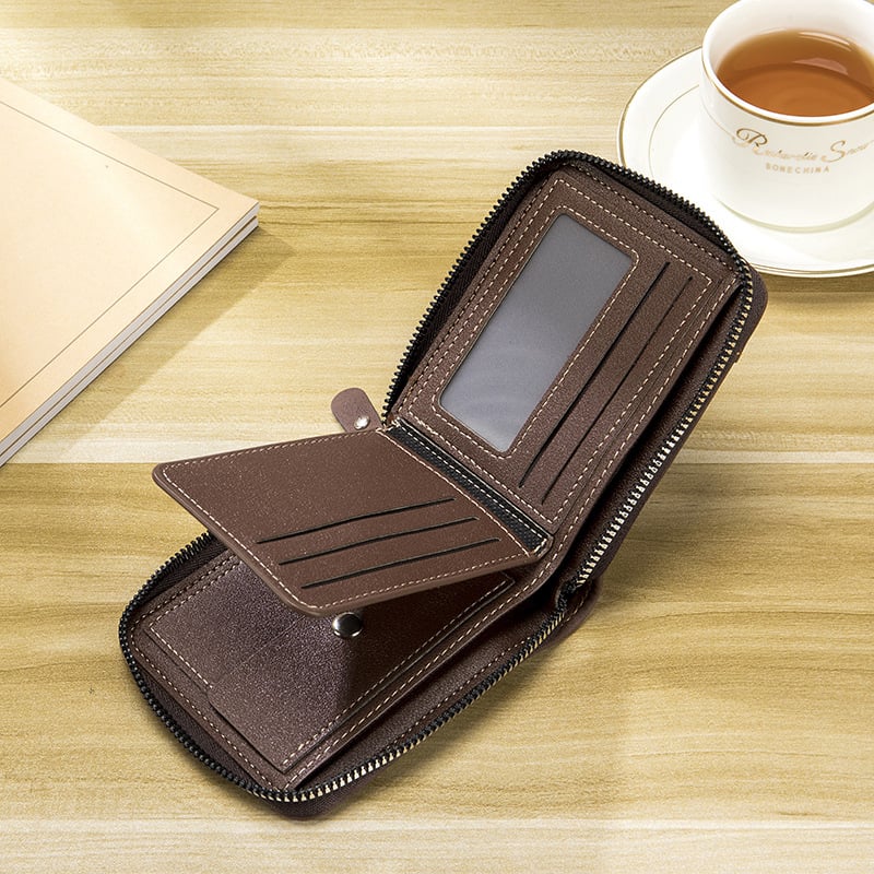 CARRKEN férfi PU bőr pénztárca cipzárral, bi-fold dizájn, egyszínű minta, 2025 tavasz