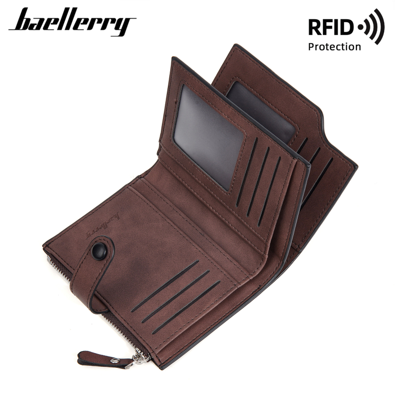 Baellerry vyriška trumpa piniginė su RFID apsauga, keli kortelių skyreliai, užtrauktukas, PU oda, retro dizainas