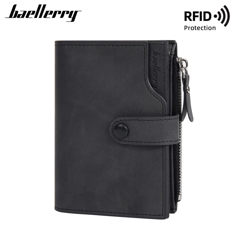Baellerry vyriška trumpa piniginė su RFID apsauga, keli kortelių skyreliai, užtrauktukas, PU oda, retro dizainas