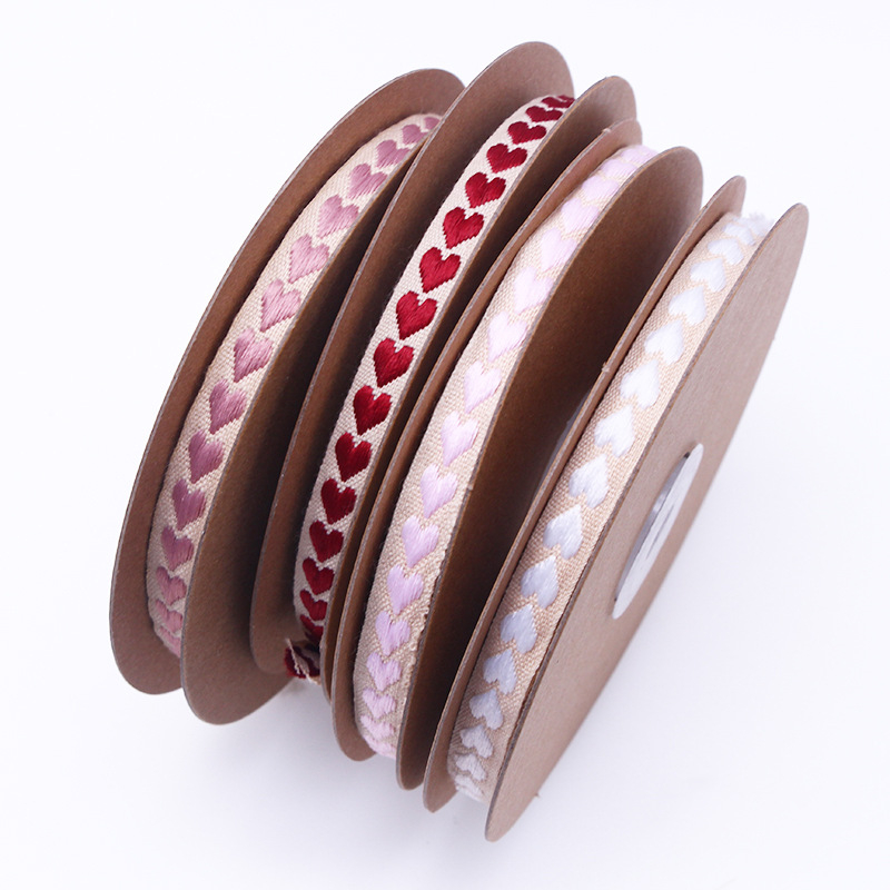 Medvilninė austa juostelė su širdies jacquard raštu, vestuvėms ir gėlių įpakavimui