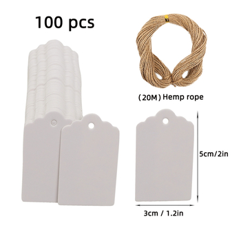 Kraft popieriaus etikečių rinkinys su 100 tuščių etikečių ir 20 m kanapių virvelių (Medžiaga: Popierius; Spausdinimas: Be spausdinimo; Turinys: 100 etikečių + 20 m virvelės)