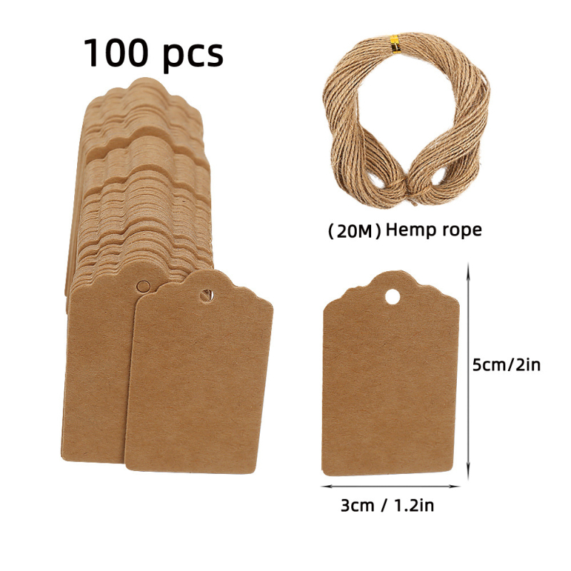 Kraft popieriaus etikečių rinkinys su 100 tuščių etikečių ir 20 m kanapių virvelių (Medžiaga: Popierius; Spausdinimas: Be spausdinimo; Turinys: 100 etikečių + 20 m virvelės)