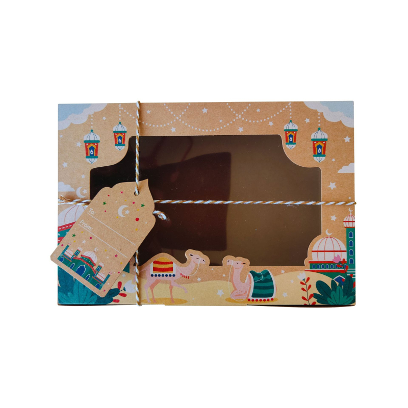 Крафт хартия подаръчна кутия с PVC прозорец за Рамадански бонбони – тема Близкия Изток, Нова година; опции за пакетиране: 4/8/12/24 броя