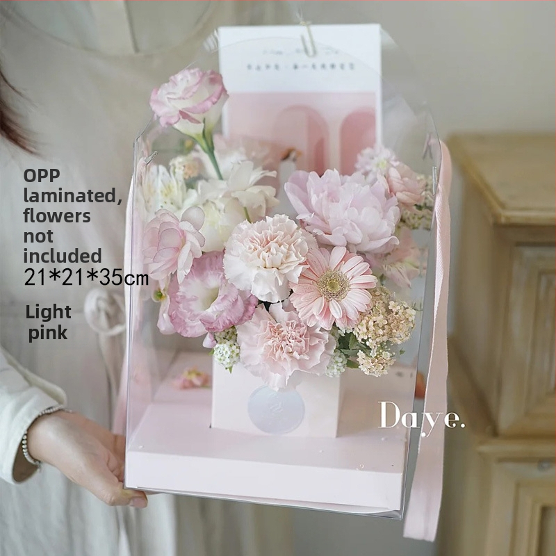 Kvadratinė skaidri PVC puokštės dėžutė su rankena, skirta dovanų ir gėlių įpakavimui, Modelis 07766, PVC + kartonas, 120 vnt dėžėje