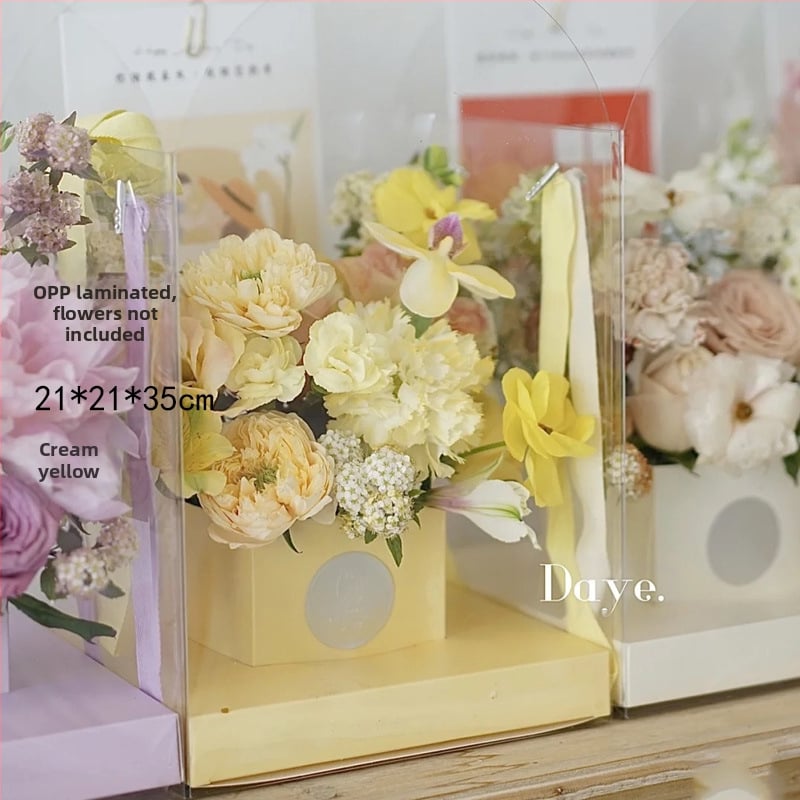 Kvadratinė skaidri PVC puokštės dėžutė su rankena, skirta dovanų ir gėlių įpakavimui, Modelis 07766, PVC + kartonas, 120 vnt dėžėje