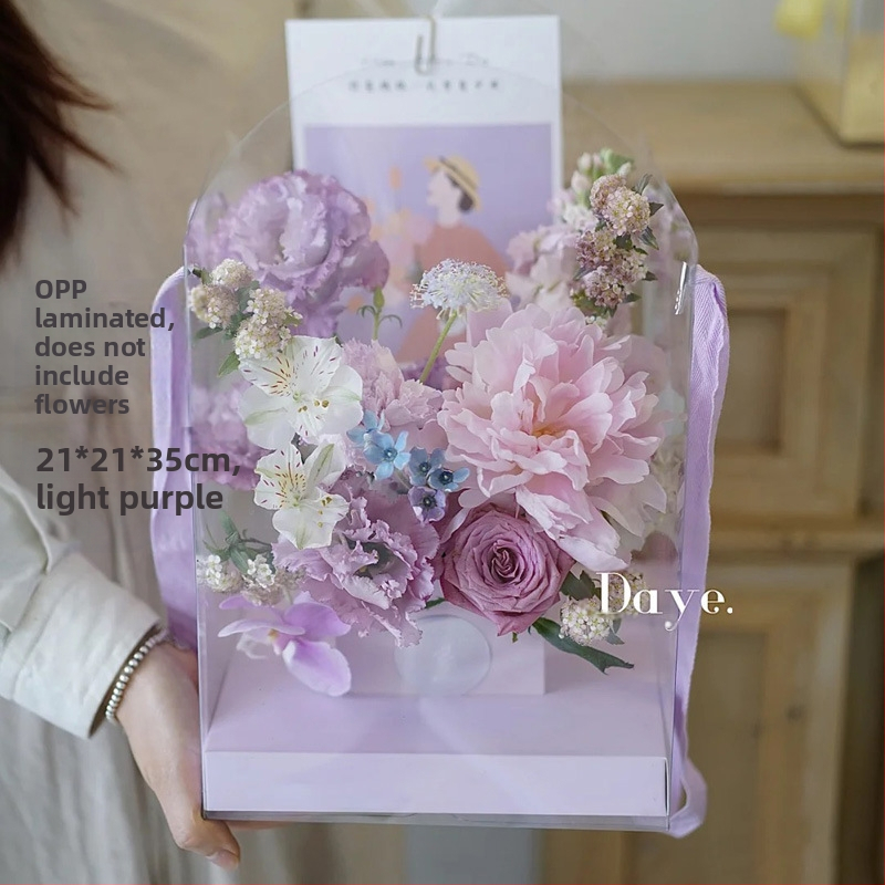 Kvadratinė skaidri PVC puokštės dėžutė su rankena, skirta dovanų ir gėlių įpakavimui, Modelis 07766, PVC + kartonas, 120 vnt dėžėje