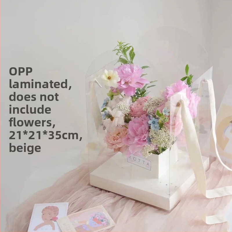 Kvadratinė skaidri PVC puokštės dėžutė su rankena, skirta dovanų ir gėlių įpakavimui, Modelis 07766, PVC + kartonas, 120 vnt dėžėje