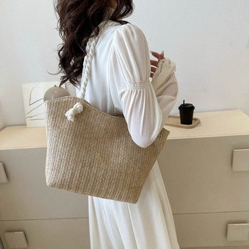 Чанта за рамо от слама, ажурно плетена, френски стил, пролет 2025, цип, полиестерова подплата