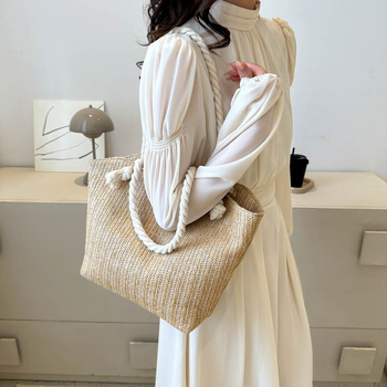 Чанта за рамо от слама, ажурно плетена, френски стил, пролет 2025, цип, полиестерова подплата