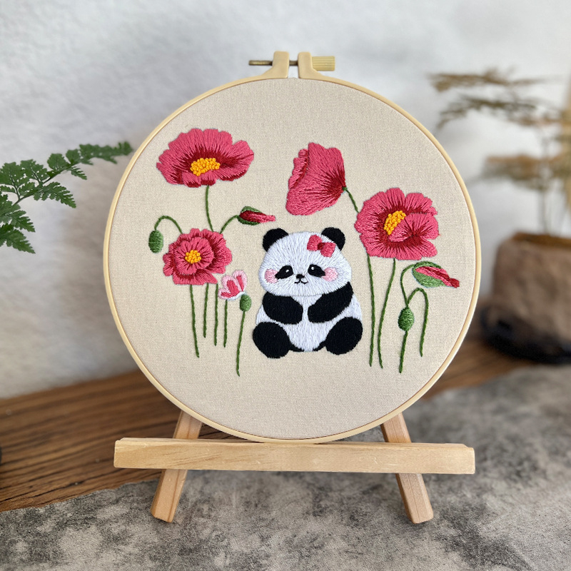 Комплект за кръстосана бродерия върху платно с панда и мотиви цветя и трева; китайски стил, подходящ за хол, спалня и кабинет