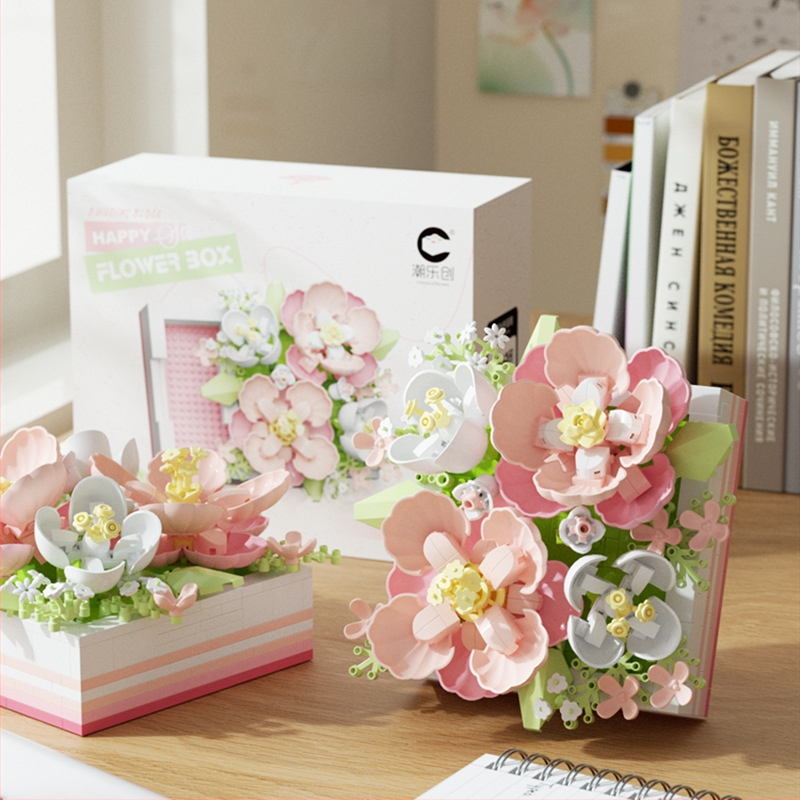 Конструктор от цветни пластмасови блокчета с мотиви цветя (хибискус и роза), ABS пластмаса, диамантени части, 400–800 части, за възраст 7–14 години