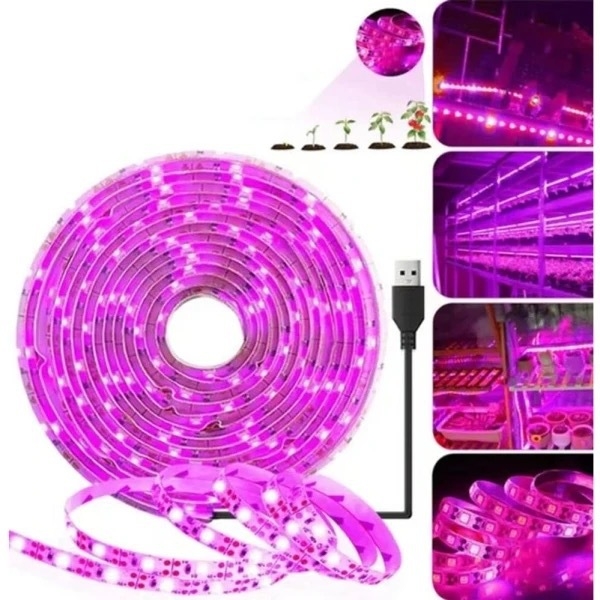 Augalų auginimo LED juosta su 60 × 2835 LED, įvestis 5V, galia 5W, šviesos sklaidos kampas 120°, atspari vandeniui