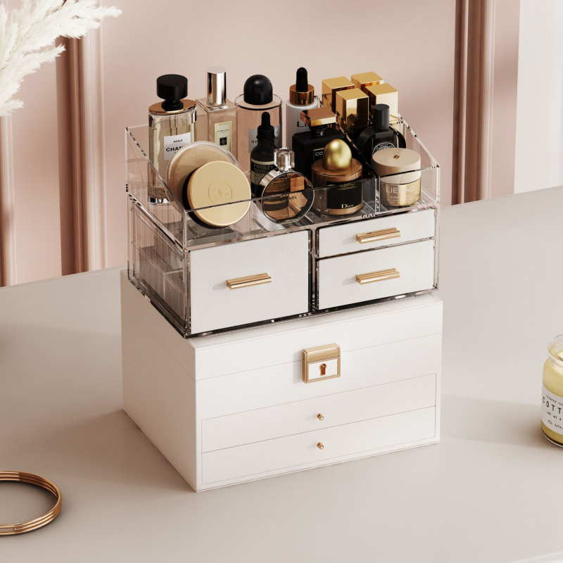 Ādas juvelieru kastīte ar 3 līmeņiem un atvilktnēm, putekļu un mitruma izturīga, galda uzglabāšanai