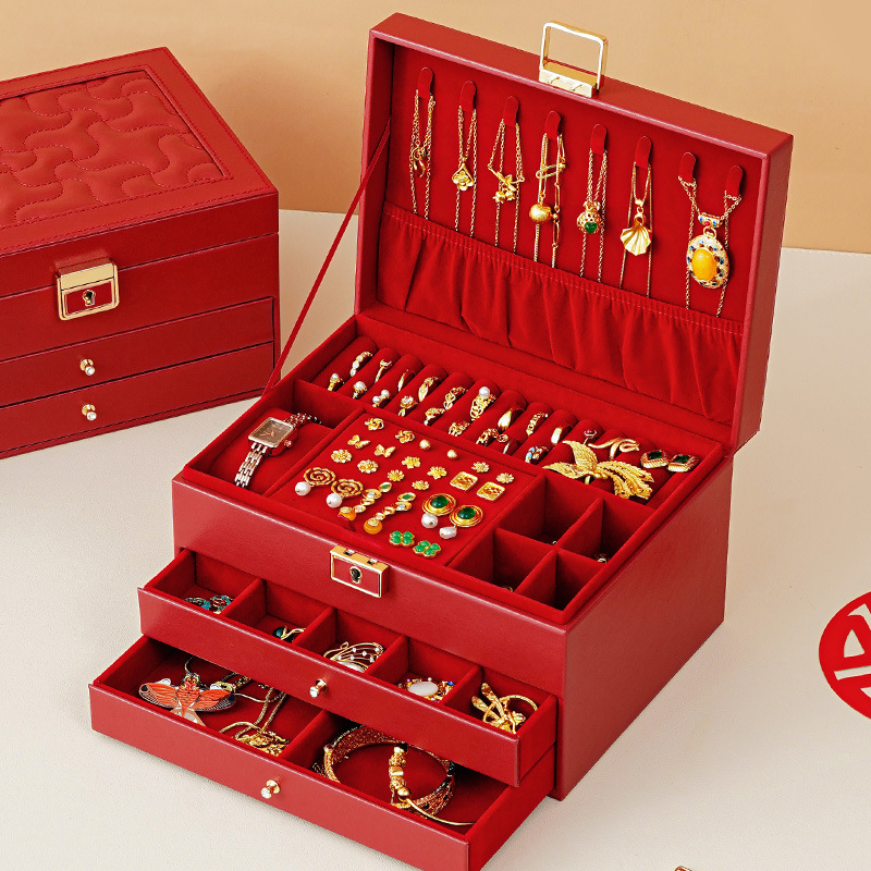 Ādas juvelieru kastīte ar 3 līmeņiem un atvilktnēm, putekļu un mitruma izturīga, galda uzglabāšanai
