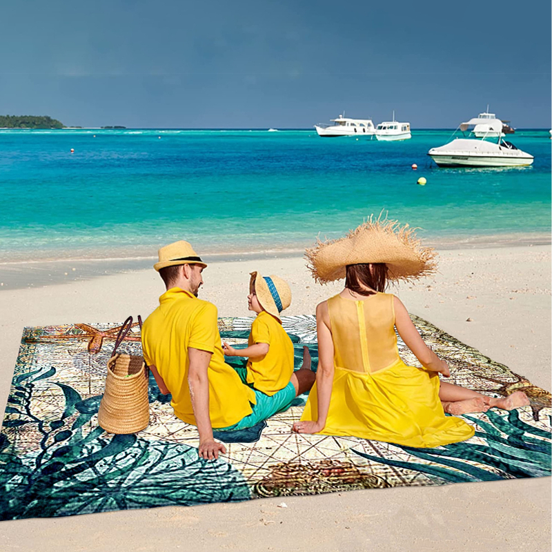 Piknika paklājs ar jūras bruņurupuču rakstu, saliekams, ūdensizturīgs, taisnstūra forma, poliesters, 290 g, 6 personām