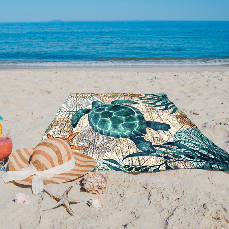 Piknika paklājs ar jūras bruņurupuču rakstu, saliekams, ūdensizturīgs, taisnstūra forma, poliesters, 290 g, 6 personām