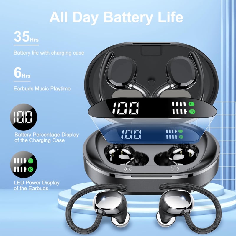 Ακουστικά Bluetooth με τοποθέτηση στο αυτί, ασύρματα, με μείωση θορύβου, Bluetooth 5.3, εμβέλεια 15 μ, διάρκεια μπαταρίας 4–8 h, αδιάβροχα