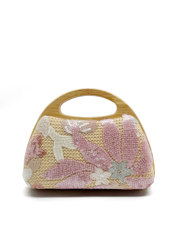 Sieviešu salmu rokassoma ar izšuvumu un pailītēm, maza horizontāla kvadrāta forma, PU oderējums, iekšējais telefona kabatiņa, atvērta augšdaļa, pavasaris 2025