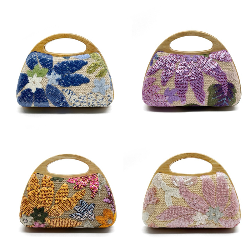 Sieviešu salmu rokassoma ar izšuvumu un pailītēm, maza horizontāla kvadrāta forma, PU oderējums, iekšējais telefona kabatiņa, atvērta augšdaļa, pavasaris 2025