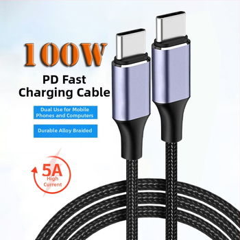 USB-C кабел за бързо зареждане и пренос на данни, найлоново оплетение, двукрайни конектори Type-C, 100W