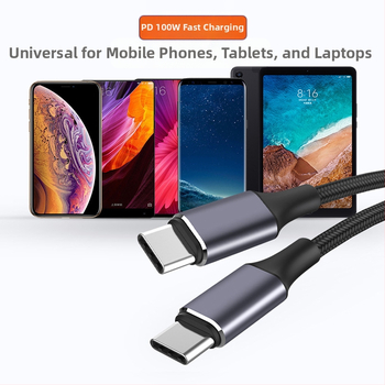 USB-C кабел за бързо зареждане и пренос на данни, найлоново оплетение, двукрайни конектори Type-C, 100W