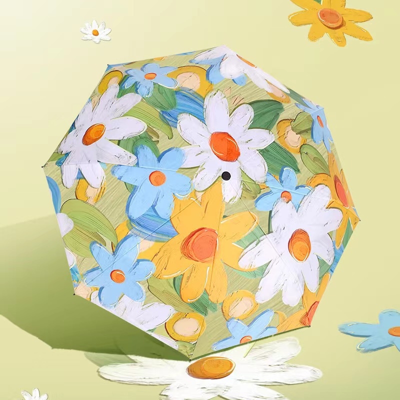 Trys dalių automatinis skėtis su retro aliejinės tapybos motyvu, ultralengvas, UPF50+ saulės apsauga, 8 pluošto strypai, 190T audinys