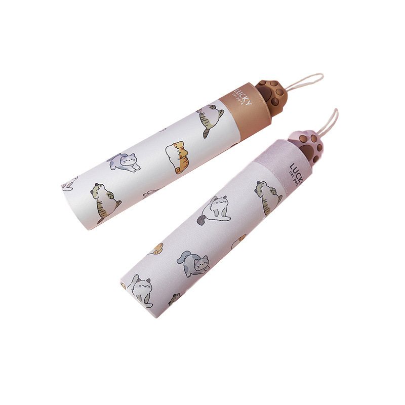 Saules lietussargs ar kaķa ķepas rokturi, Karikatūru dizains, Salokāms trīsdaļīgs lietussargs, UV aizsardzība UPF 40+, 8 spīļu konstrukcija, Manuāla atvēršana