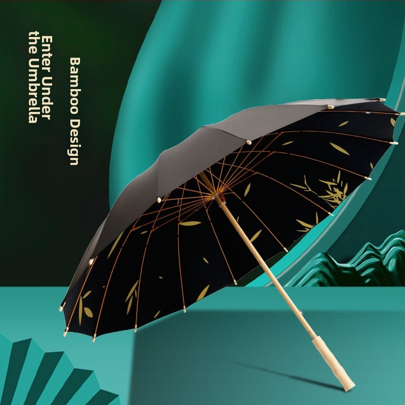 Reklaminis skėtis su ilga rankena, 16 pluošto rėmas, medinė ašis ir rankena, 190T audinys, automatinis atidarymas, logotipo spausdinimas įmanomas