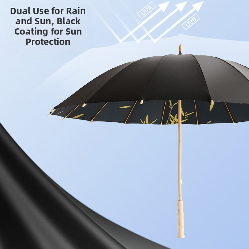 Рекламен чадър с дълга дръжка, 16-ребрен фибър каркас, дървена ос и дръжка, плат 190T, автоматично разпъване, лого за печат