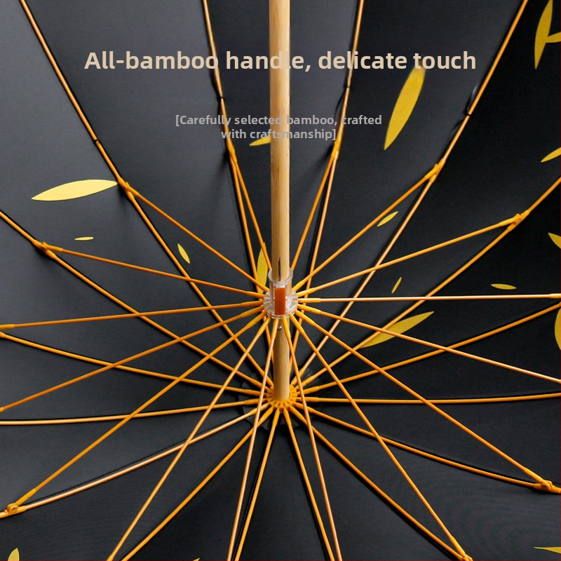 Рекламен чадър с дълга дръжка, 16-ребрен фибър каркас, дървена ос и дръжка, плат 190T, автоматично разпъване, лого за печат