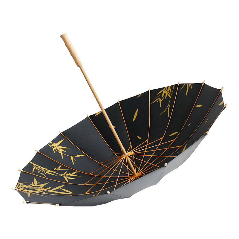 Reklāmas lietussargs ar garu rokturi, 16 stieņiem šķiedru rāmis, koka stienis un rokturis, 190T audums, automātiska atvēršana, logotipa drukāšana pieejama