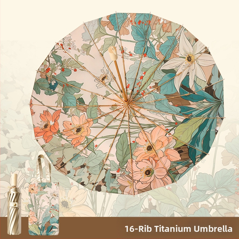 Trys dalių sulankstomas skėtis su 16 ribų iš lydinio, tvirta medinė rankena, UPF 50+, rankinis atidarymas