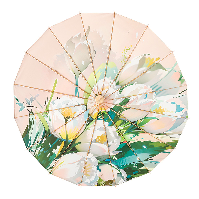 Trys dalių sulankstomas skėtis su 16 ribų iš lydinio, tvirta medinė rankena, UPF 50+, rankinis atidarymas