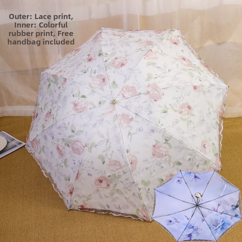 Nėrinių audinys, dviejų sluoksnių skėtis, 8 plieno rėmas, rankinis atidarymas, silikono rankena, UV PA++ apsauga