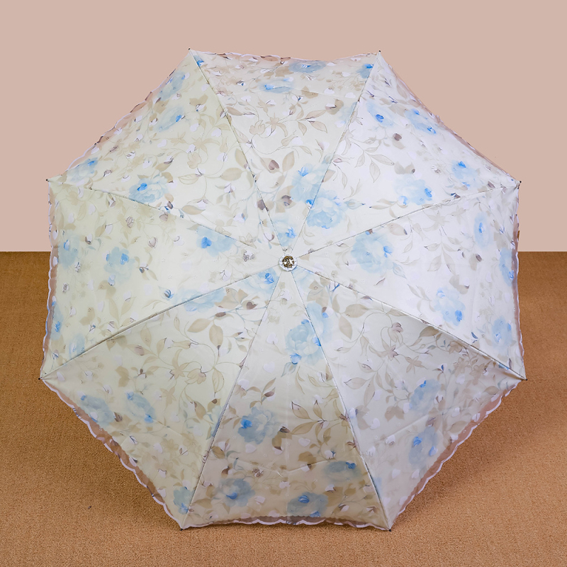 Mežģīņu audums, dubultslāņu lietussargs, 8 stieņu dzelzs rāmis, manuāla atvēršana, silikona rokturis, UV PA++ aizsardzība