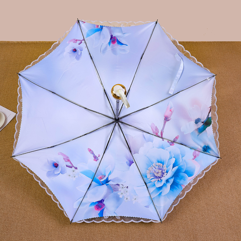 Mežģīņu audums, dubultslāņu lietussargs, 8 stieņu dzelzs rāmis, manuāla atvēršana, silikona rokturis, UV PA++ aizsardzība