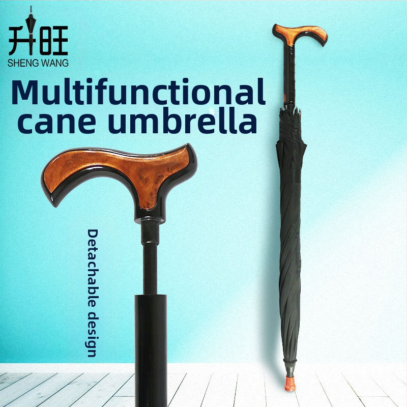 Чадър-бастун за възрастни, автоматично отваряне, 8 ребра от сплав, дръжка от твърдо дърво, полиестерно покривало 190T, UV защита UPF > 50