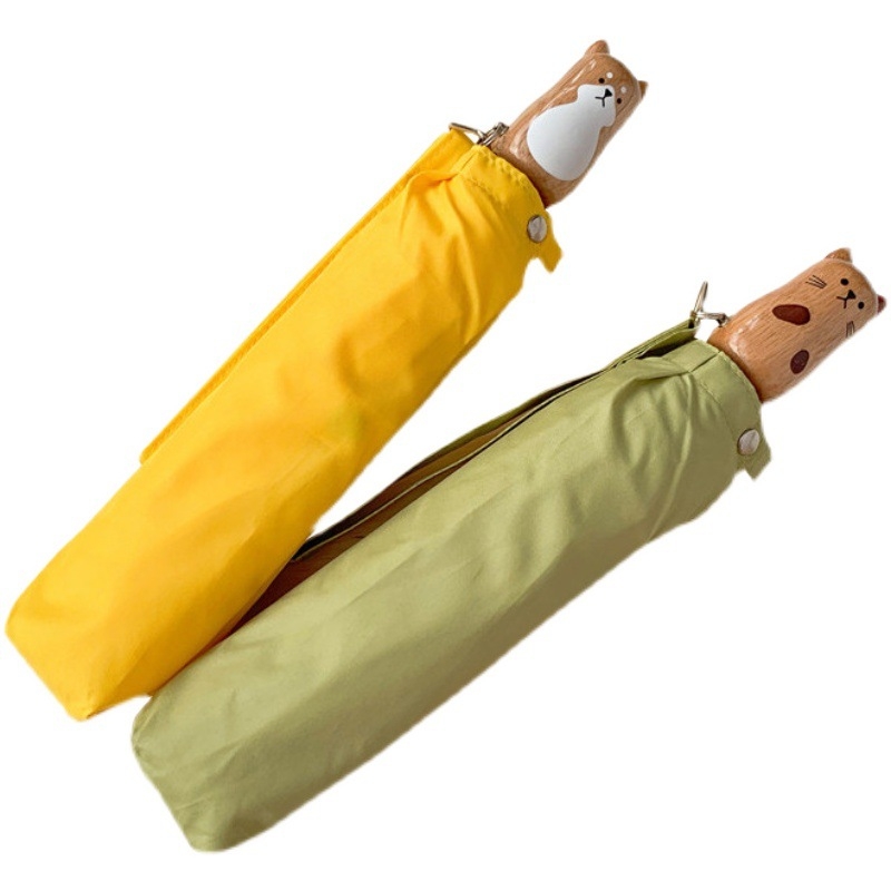 Porinis skėtis su katės ir Shiba Inu motyvu, plastikinė rankenėlė, 8 skersiniai, 210T audinys, UV apsauga UPF50+, vėjui atsparus, trijų dalių, rankinis atidarymas