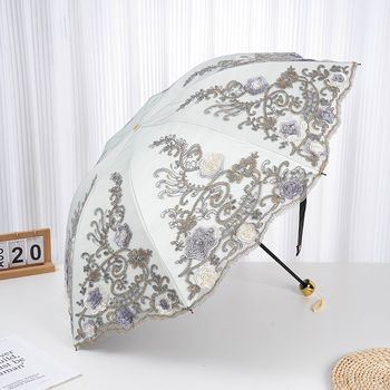 Trys dalių princesės skėtis su nėrinių siuvinėjimu, plieniniais rėmais ir plienine rankena