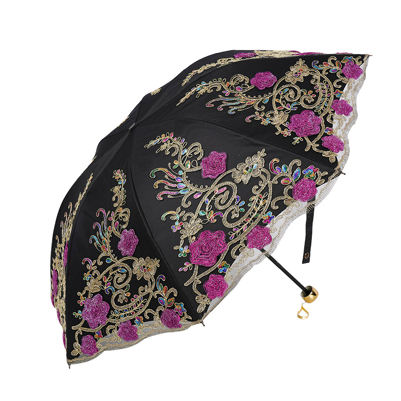 Trys dalių princesės skėtis su nėrinių siuvinėjimu, plieniniais rėmais ir plienine rankena