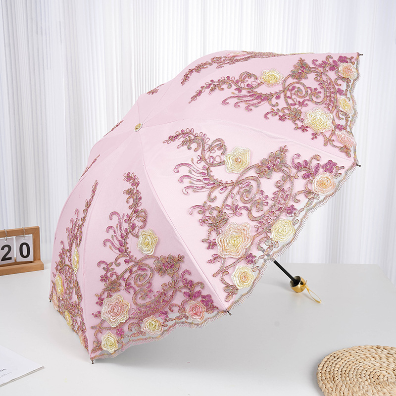 Trys dalių princesės skėtis su nėrinių siuvinėjimu, plieniniais rėmais ir plienine rankena