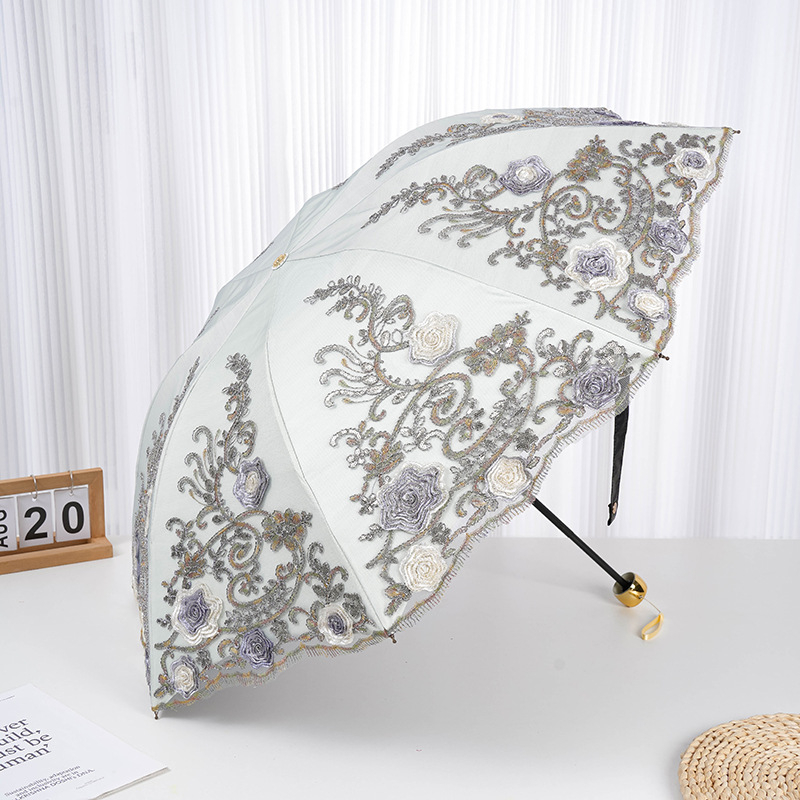 Trys dalių princesės skėtis su nėrinių siuvinėjimu, plieniniais rėmais ir plienine rankena