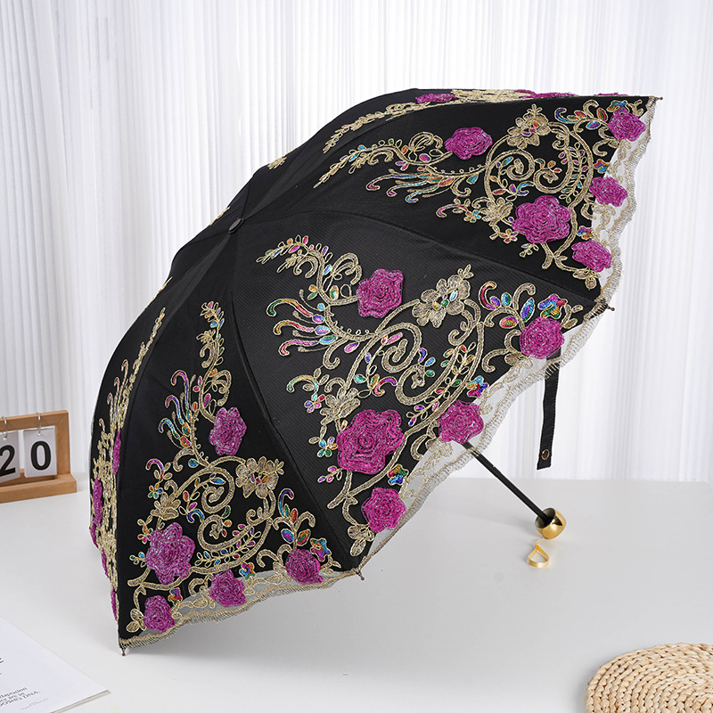 Trys dalių princesės skėtis su nėrinių siuvinėjimu, plieniniais rėmais ir plienine rankena