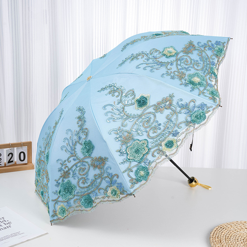 Trys dalių princesės skėtis su nėrinių siuvinėjimu, plieniniais rėmais ir plienine rankena