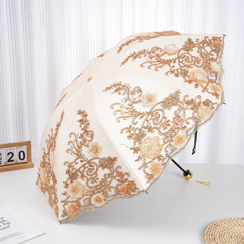 Trys dalių princesės skėtis su nėrinių siuvinėjimu, plieniniais rėmais ir plienine rankena