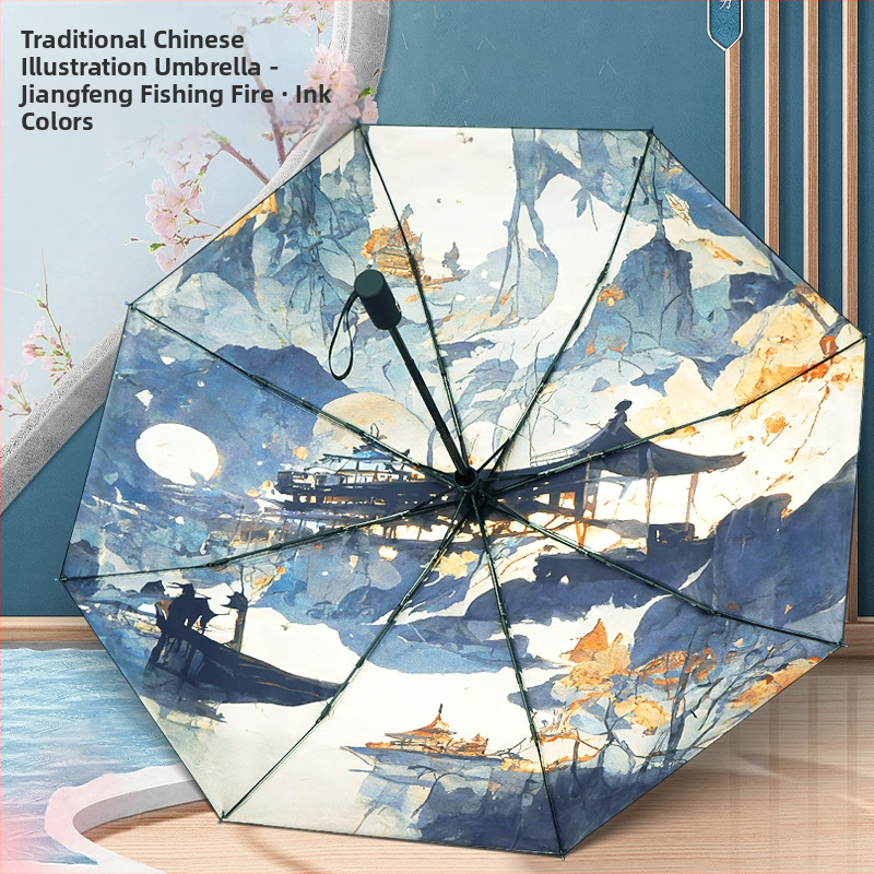 Trijų dalių vintage nacionalinio stiliaus skėtis su iliustracijos motyvu; automatinis atidarymas ir uždarymas; UPF50+; 8 spindulių rėmas; 210T vinilo audinys; logotipo spausdinimo galimybė