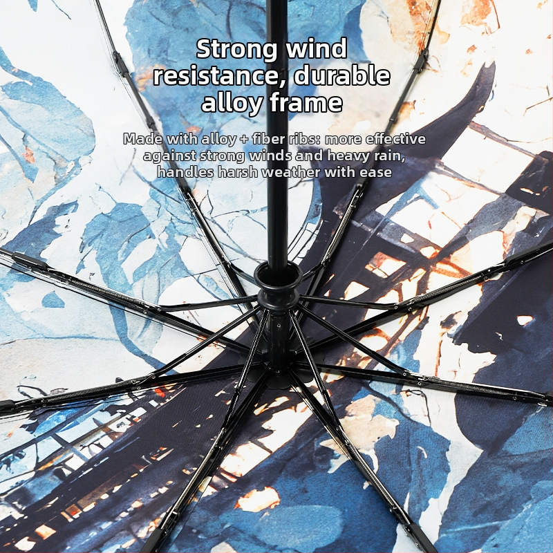 Сгъваем чадър с три секции в винтидж стил с национален мотив и илюстративен дизайн; автоматично отваряне и затваряне; UPF50+; рамка от сплав с 8 ребра; възможност за печат на лого